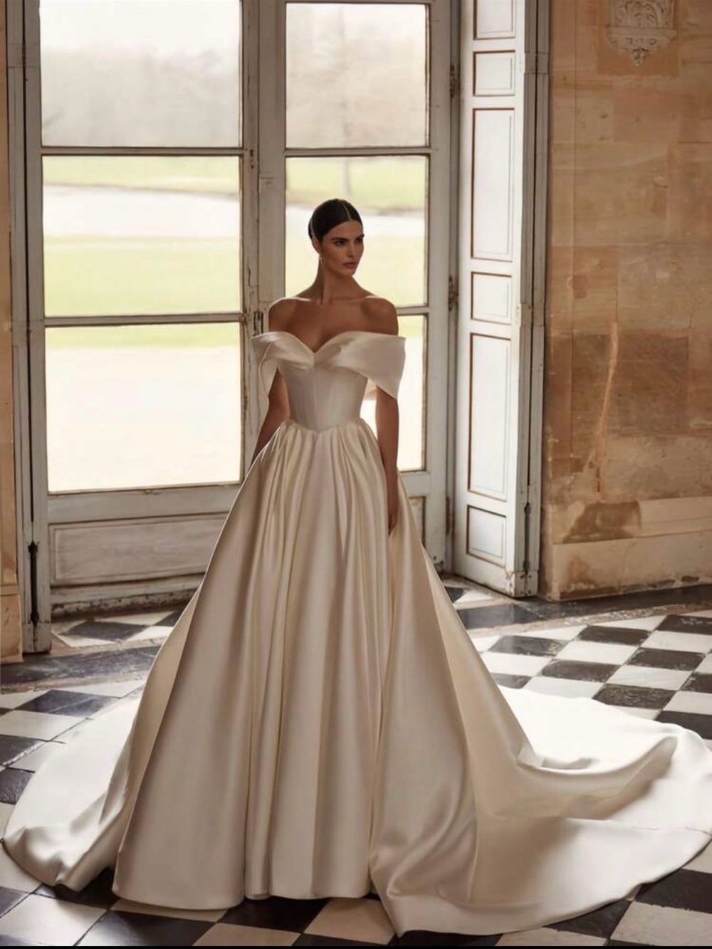 SHEIN Off-Shoulder Satin Ball Gown Dress in Ivory